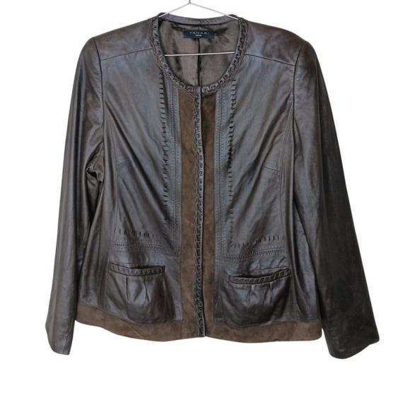Tahari Woman 100% Leather Jacket Brown Suede Trim Open Front Pockets Boho Chic L - Picture 2 of 16
